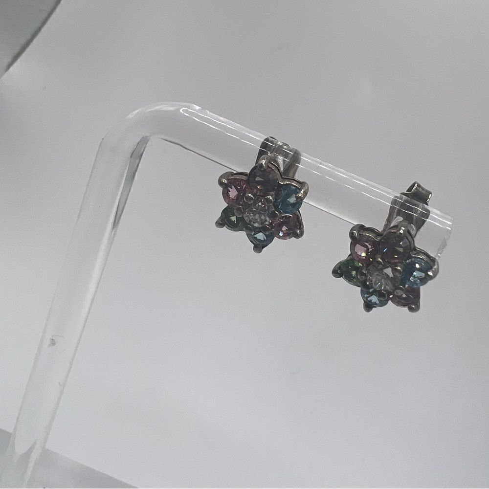 Multi Colored Floral Stone Sterling Silver Earrings. Small Floral Earrings.